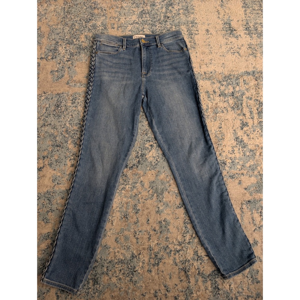 Frame Denim Le High Skinny Jeans Blue Braided Side Seam Trim Womens 30 High Rise
